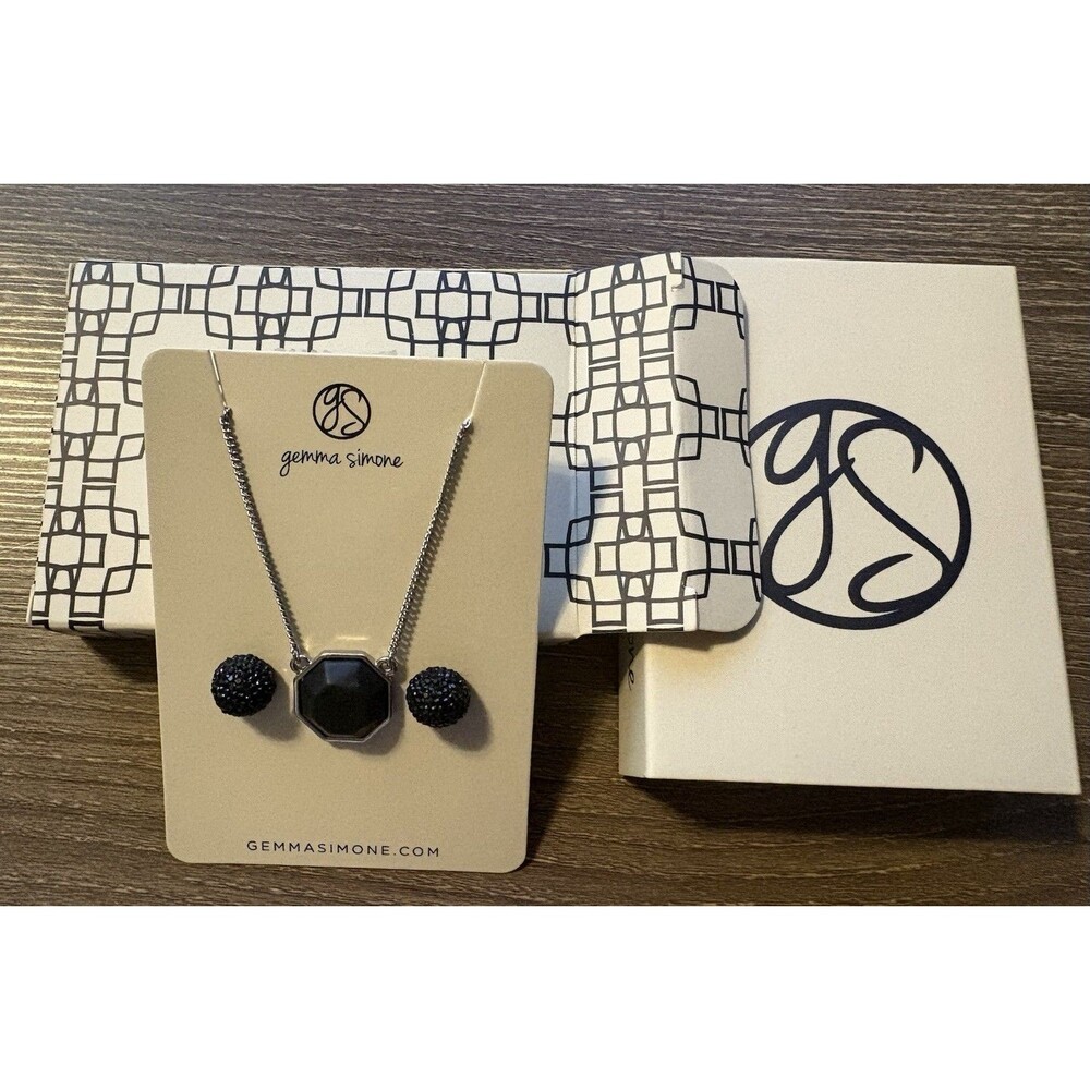 Gemma Simone Jewelry Set Black Silver Octagon Necklace & Earrings